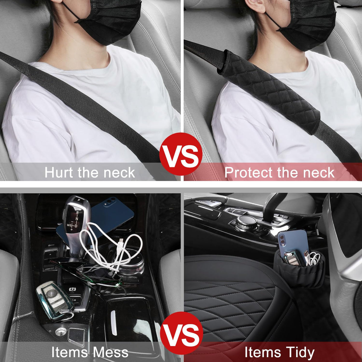 BEITK seat-belt pad and included hooks displayed for comfort and secure fit