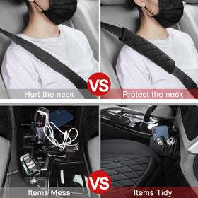 BEITK seat-belt pad and included hooks displayed for comfort and secure fit