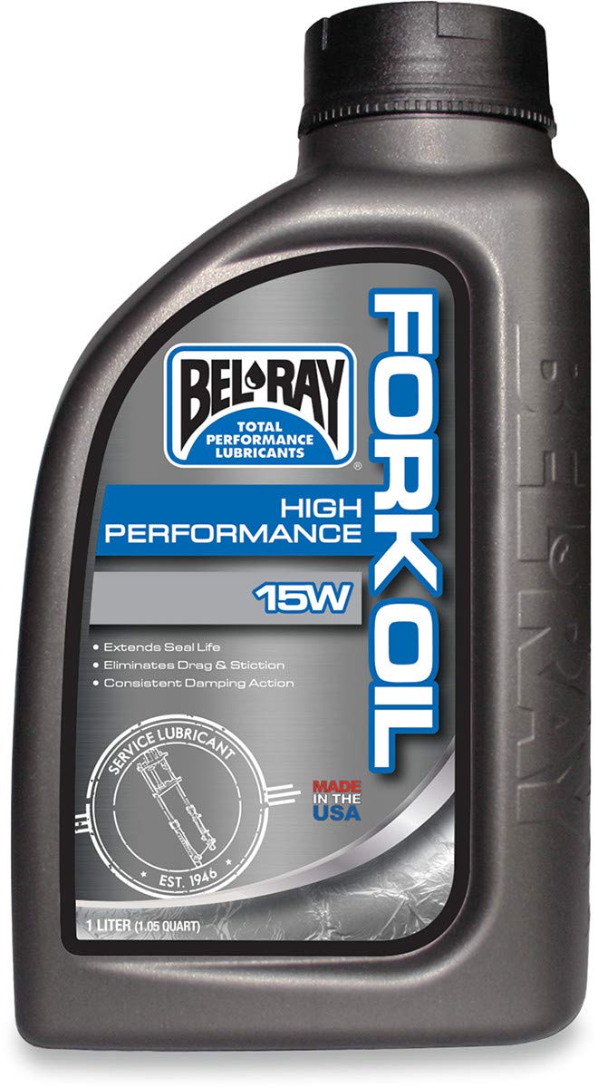 Bel-Ray 15W fork oil front label showing product branding and volume benefit