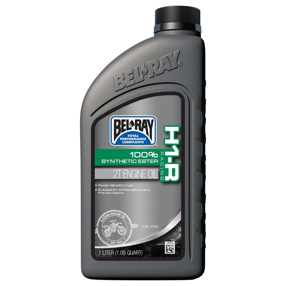 Bel-Ray H1-R front bottle showing label and volume, offering race-grade protection