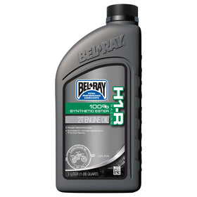 Bel-Ray H1-R front bottle showing label and volume, offering race-grade protection