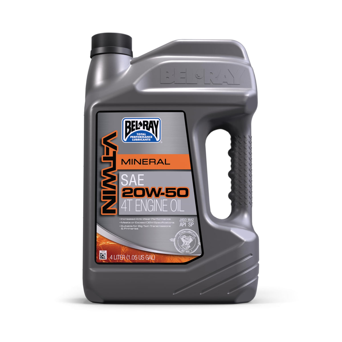 Bel‑Ray V‑Twin 20W‑50 front label showing product and 4L size, reliable protection