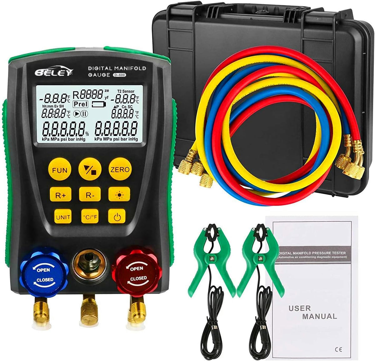 BELEY front view digital manifold showing dual pressure ports and display for accurate diagnostics