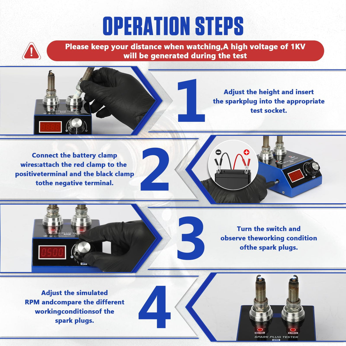 BELEY tester in use on an engine bay, demonstrating quick on-vehicle spark plug comparisons