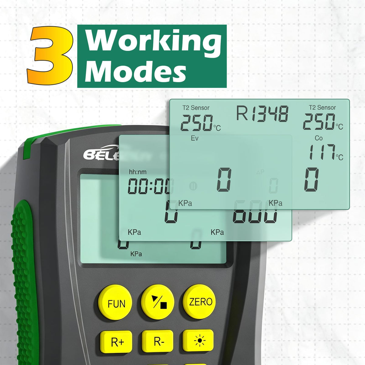 BELEY closeup LCD display with backlight and clear dual pressure and temperature readings
