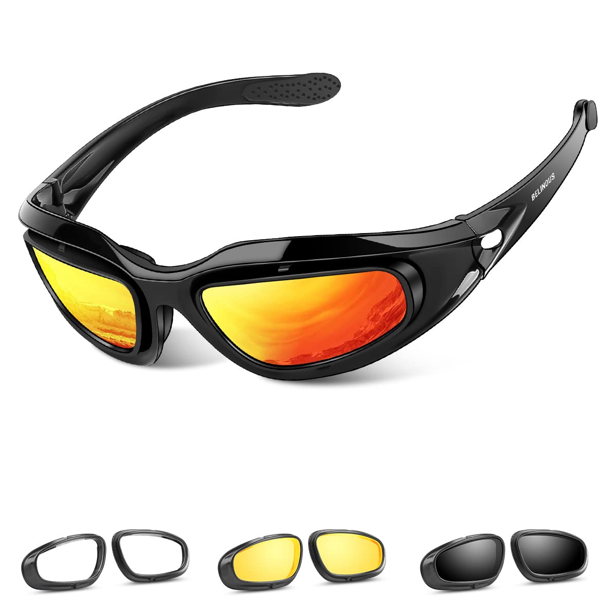 BELINOUS front packaging showing full goggle kit and accessories for easy travel