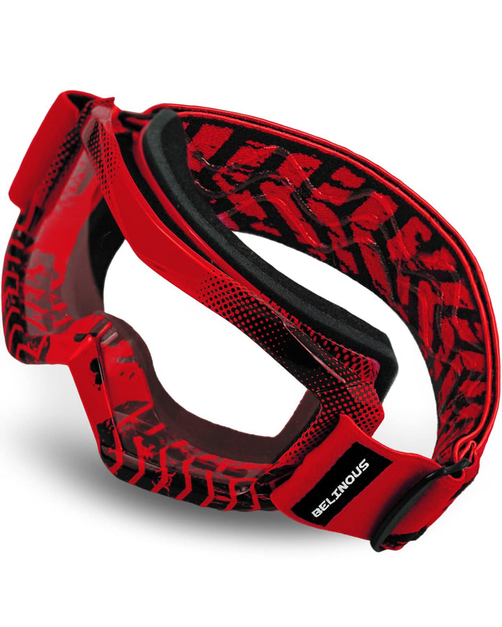 BELINOUS red front view of kids goggles showing full-face coverage and clear visibility benefit