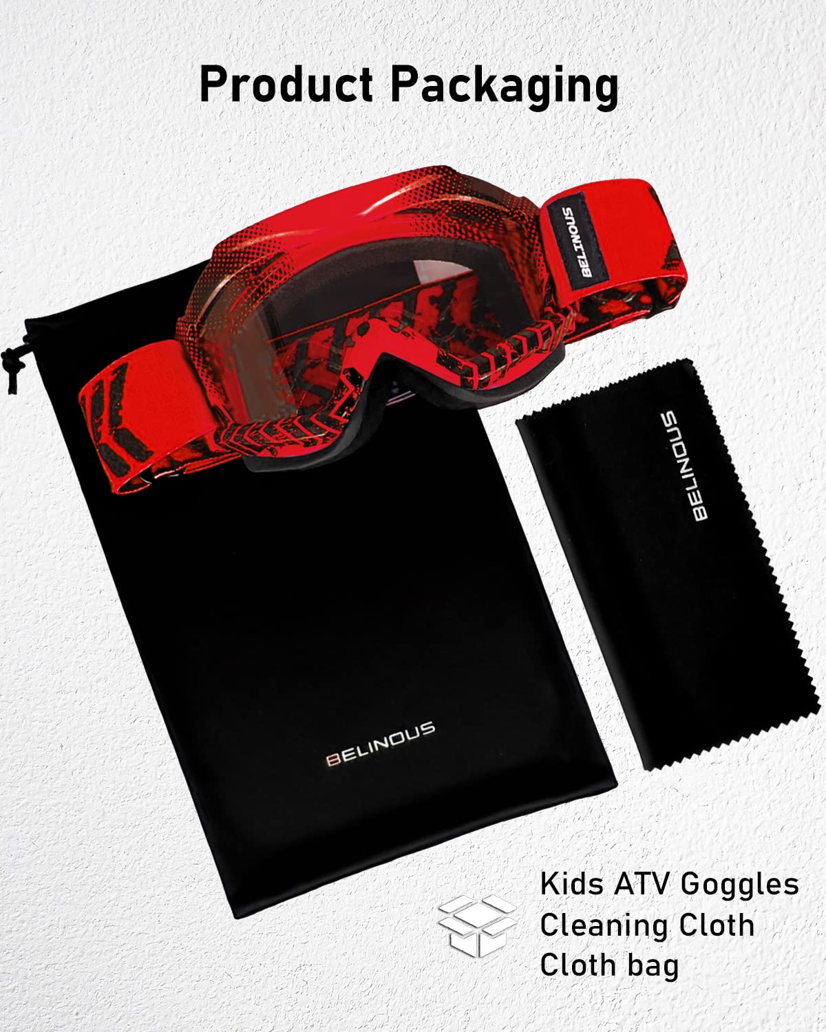 BELINOUS goggles with cleaning cloth and storage bag showing included accessories and protection