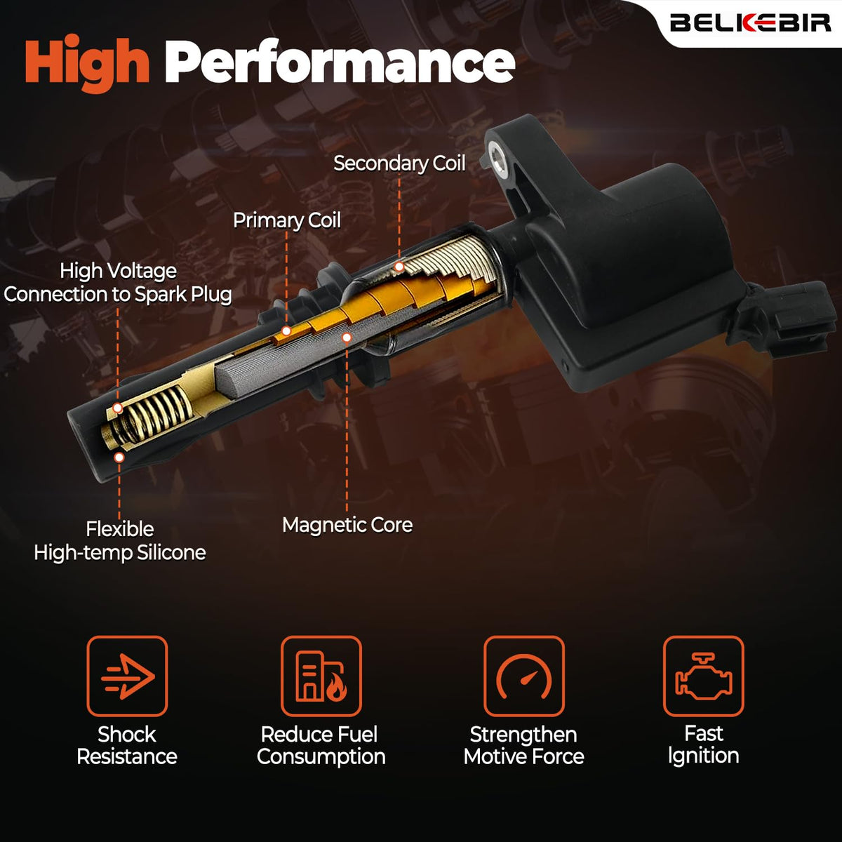 BELKEBIR coil and plug installed in engine bay, demonstrates plug-and-play installation benefit