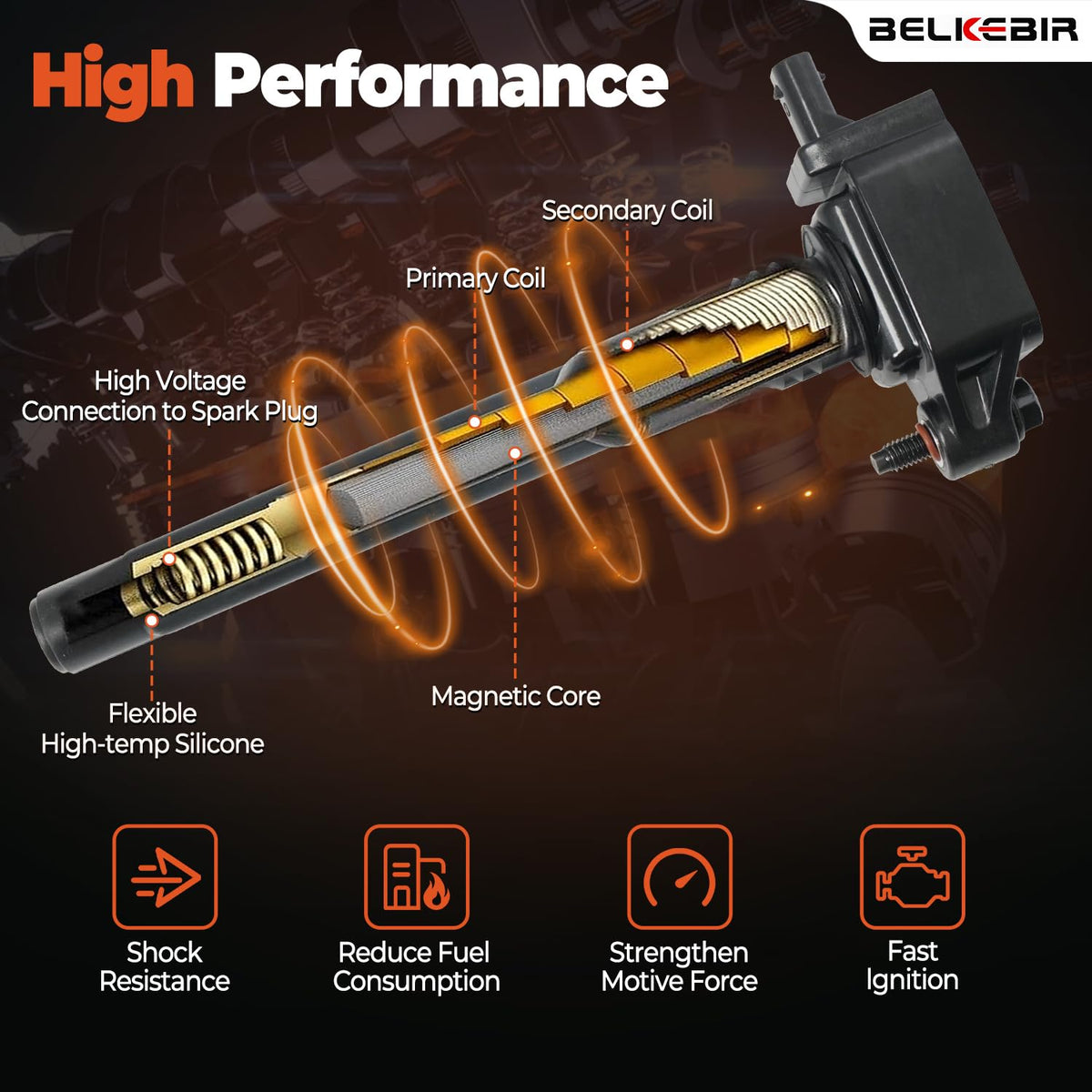 BELKEBIR coil and plug installed in engine bay, illustrates easy plug-and-play replacement