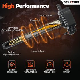 BELKEBIR coil and plug installed in engine bay, illustrates easy plug-and-play replacement