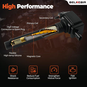 BELKEBIR coil and spark plug side-by-side illustrating matched OEM fit