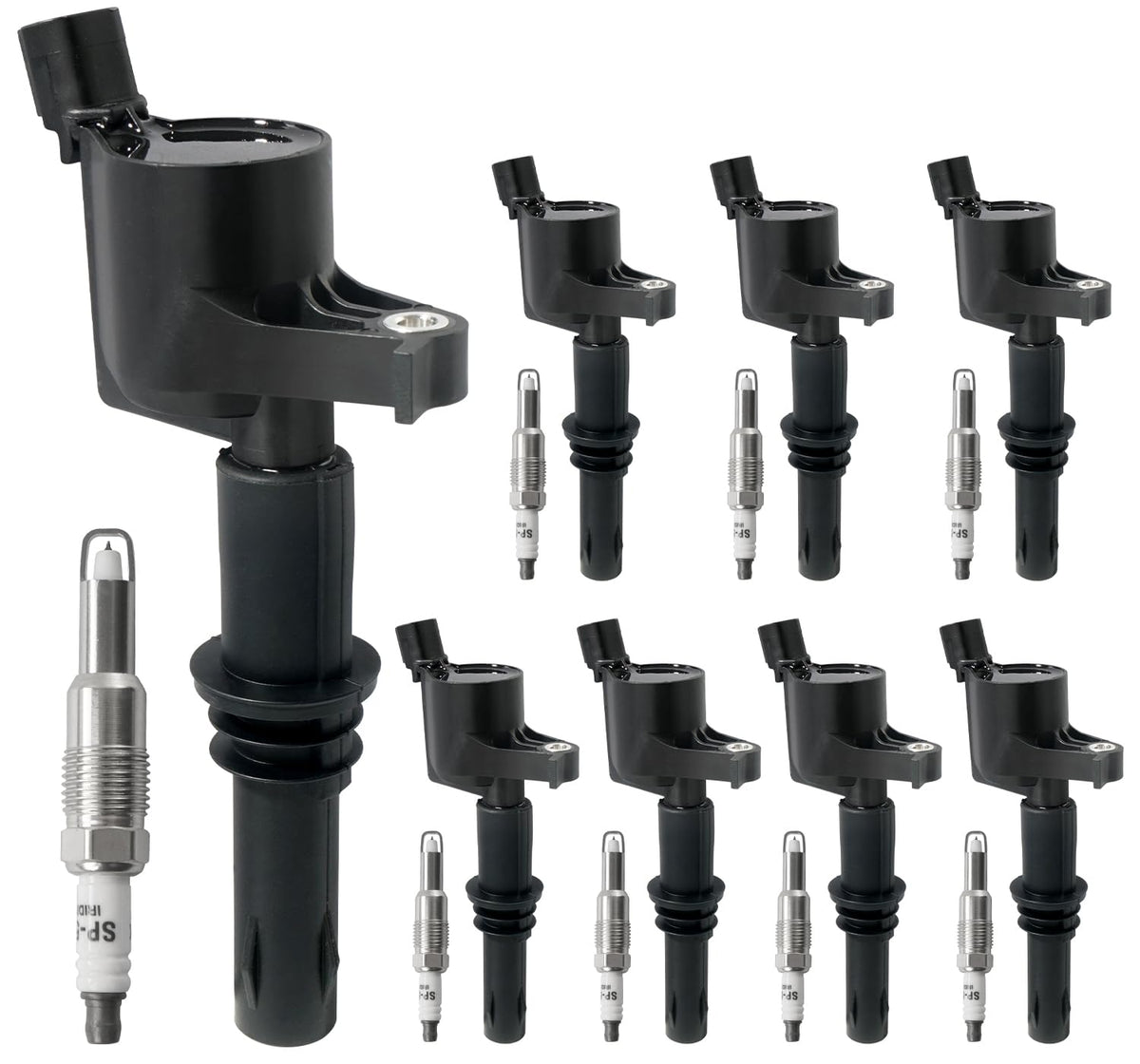 BELKEBIR front packaging showing full eight-coil and spark plug set, clear compatibility benefit