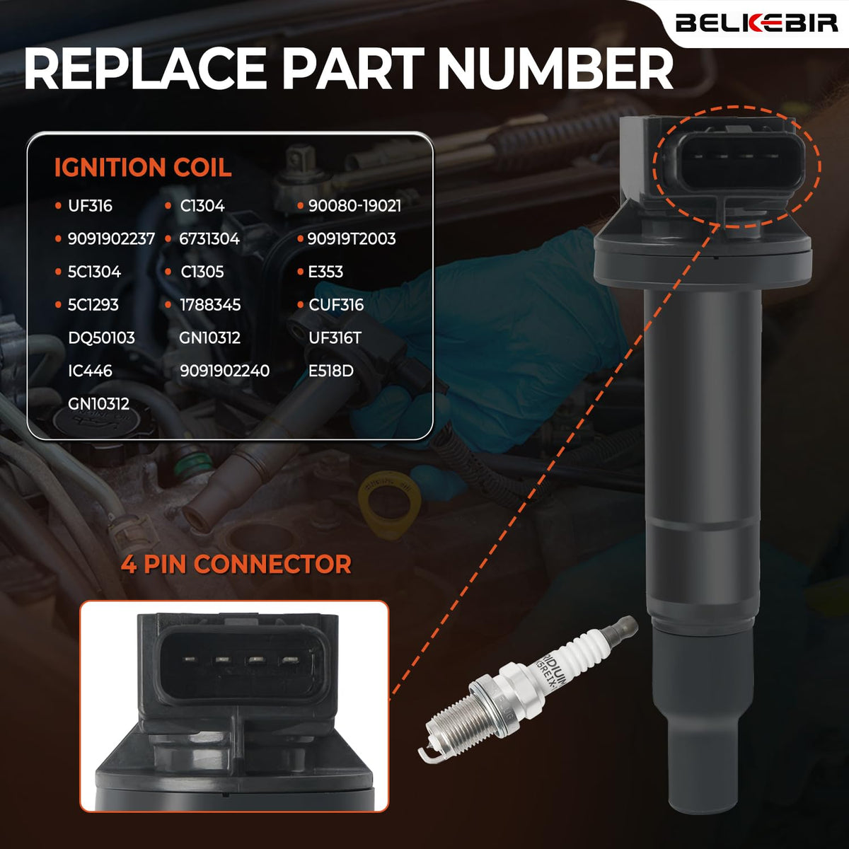 BELKEBIR ignition coil closeup showing connector and robust housing for reliability