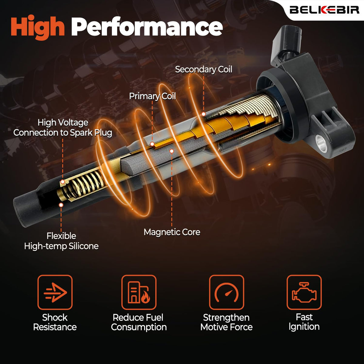 BELKEBIR coil installed in engine bay demonstrating direct-fit replacement