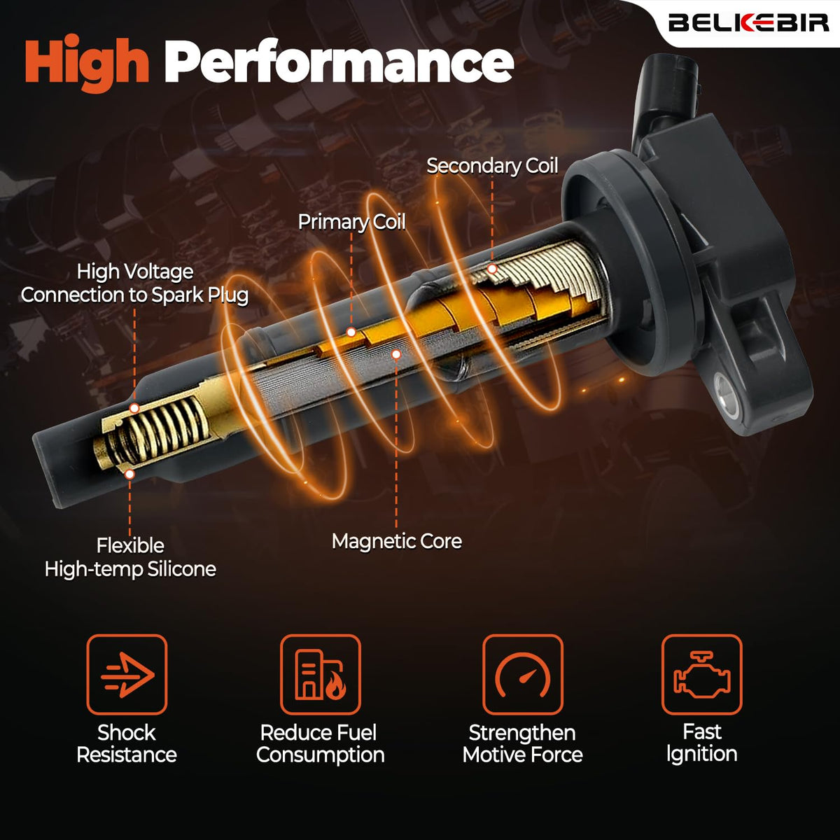 BELKEBIR ignition coil installed on engine demonstrating direct-fit replacement
