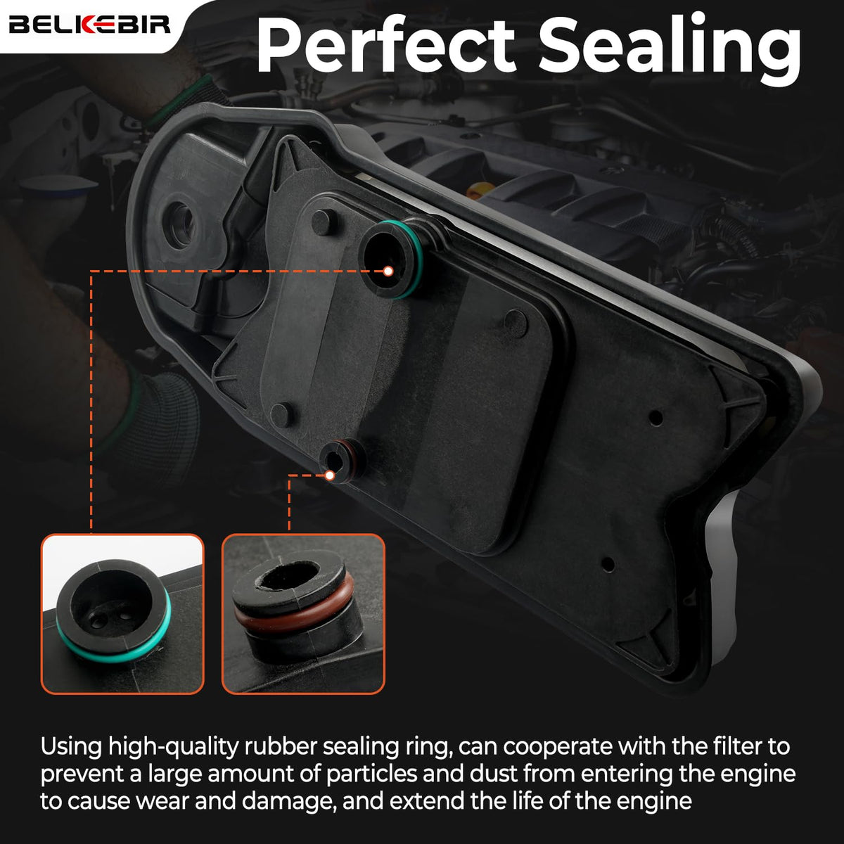 BELKEBIR packaged filter with label showing OEM cross-reference benefit