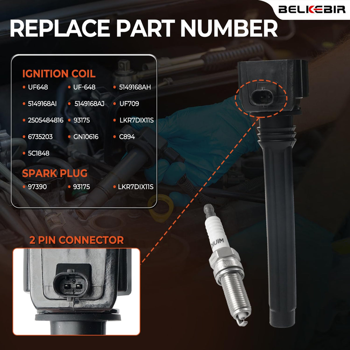 BELKEBIR iridium spark plug detail showing fine electrode for longer life