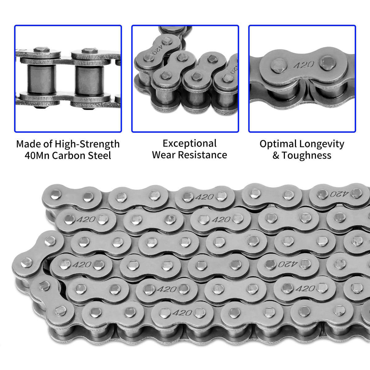 Belleone closeup of rollers and plates showing durable alloy steel construction