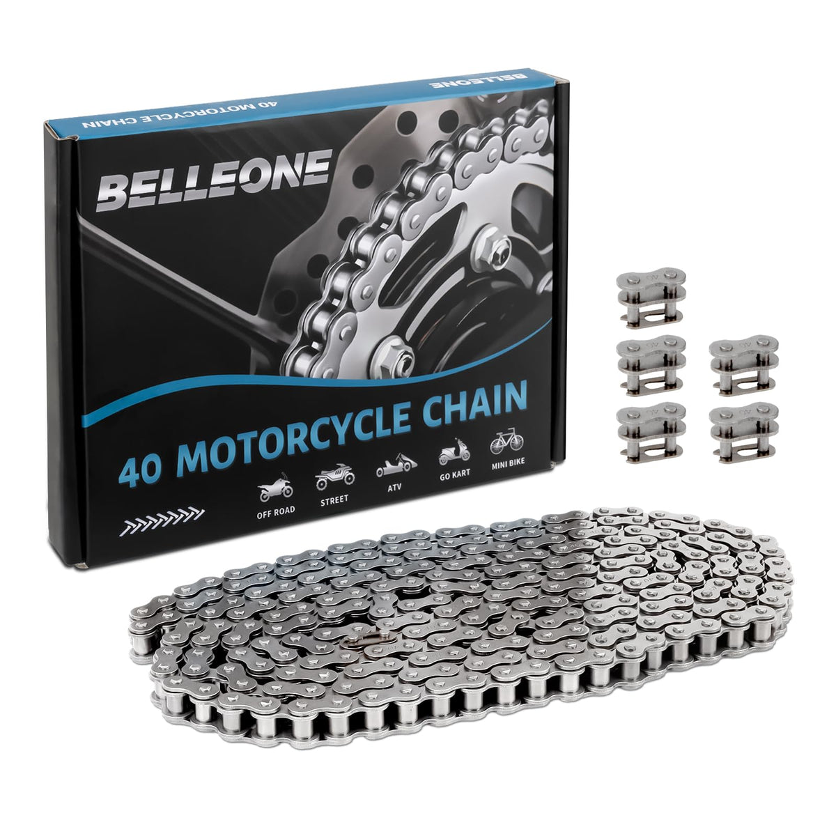 Belleone front packaging showing 10 ft chain and included links for quick replacement