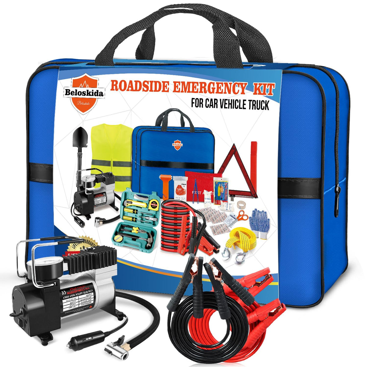Beloskida front packaging showing complete roadside kit and compact case for organized storage