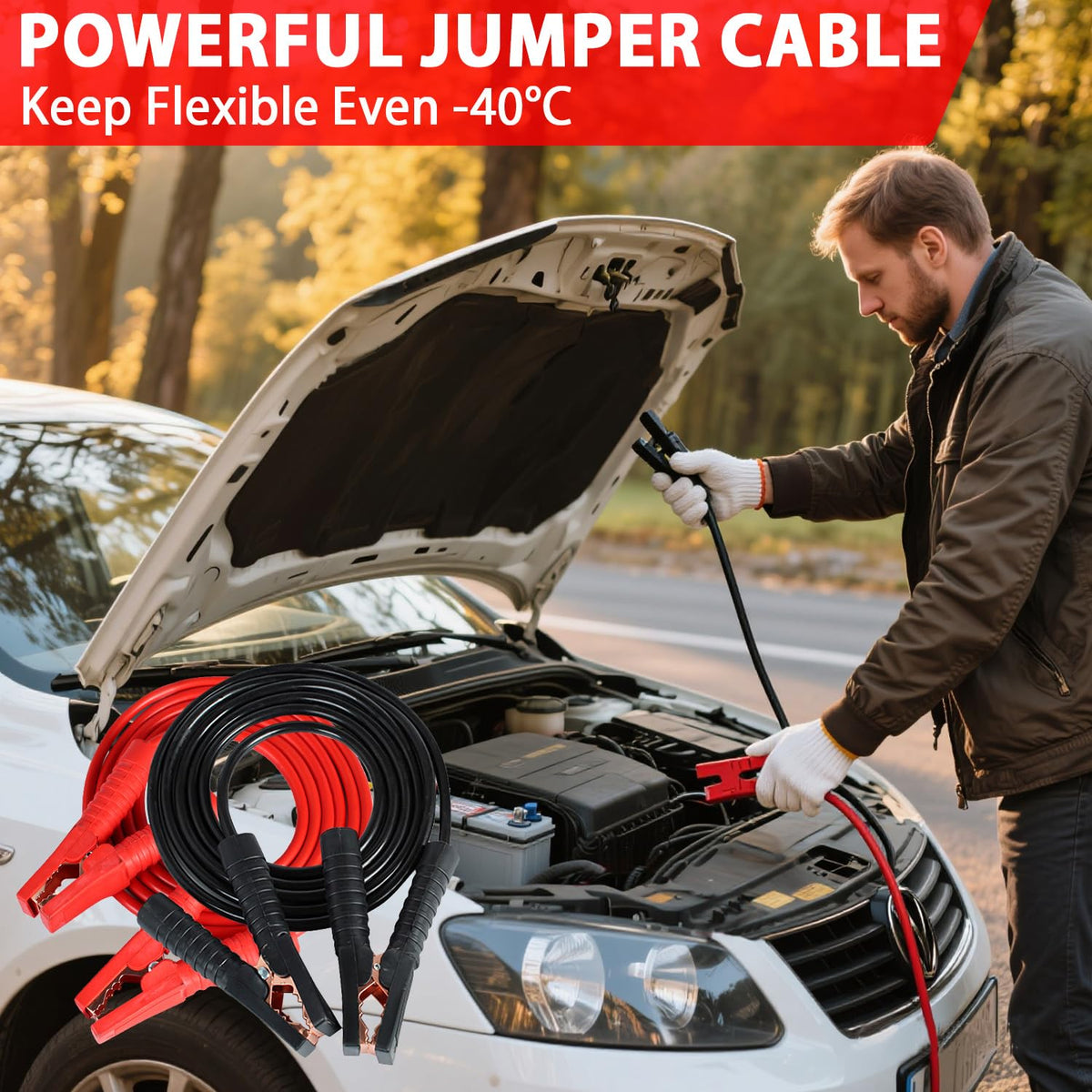 Beloskida jumper cables close-up with heavy clamps showing reliable cold-start benefit