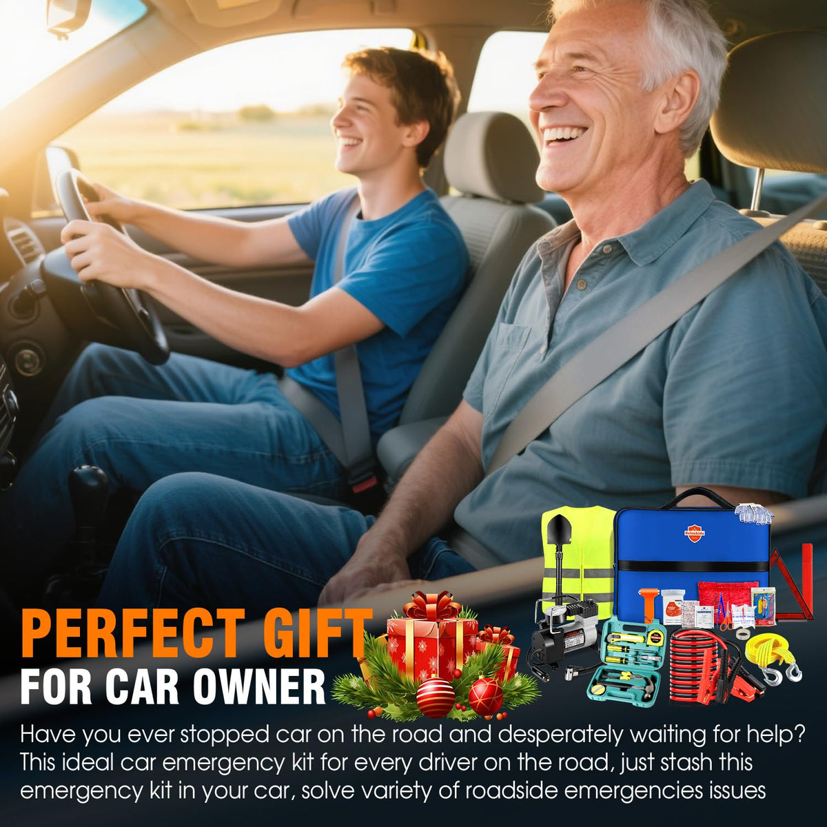 Beloskida roadside lifestyle scene with driver using kit for safe roadside assistance