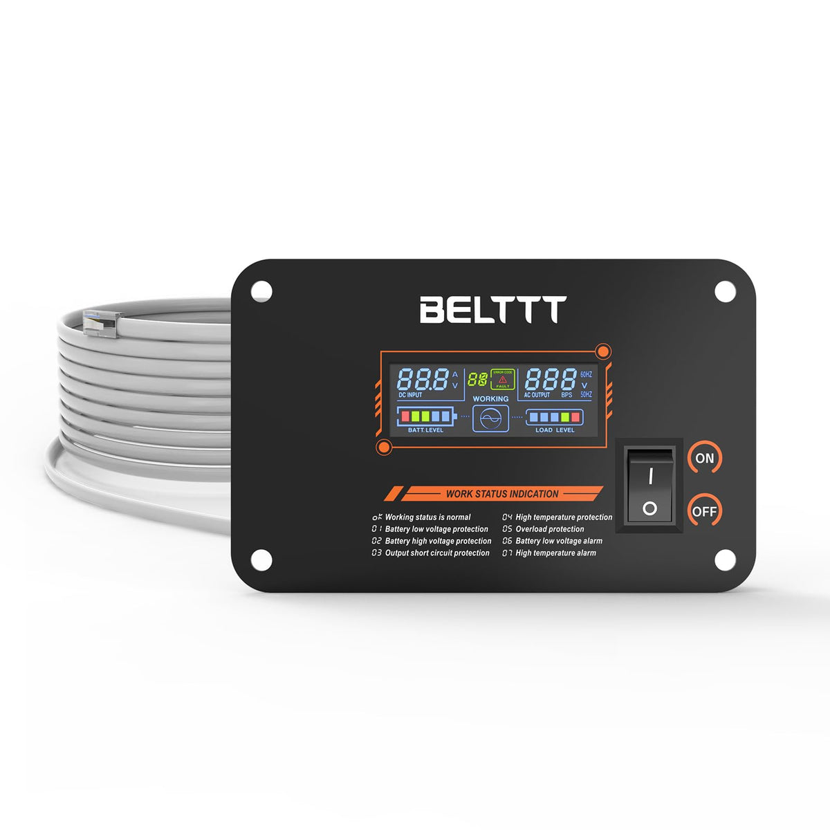BELTTT front LCD display showing live voltages and status for easy monitoring