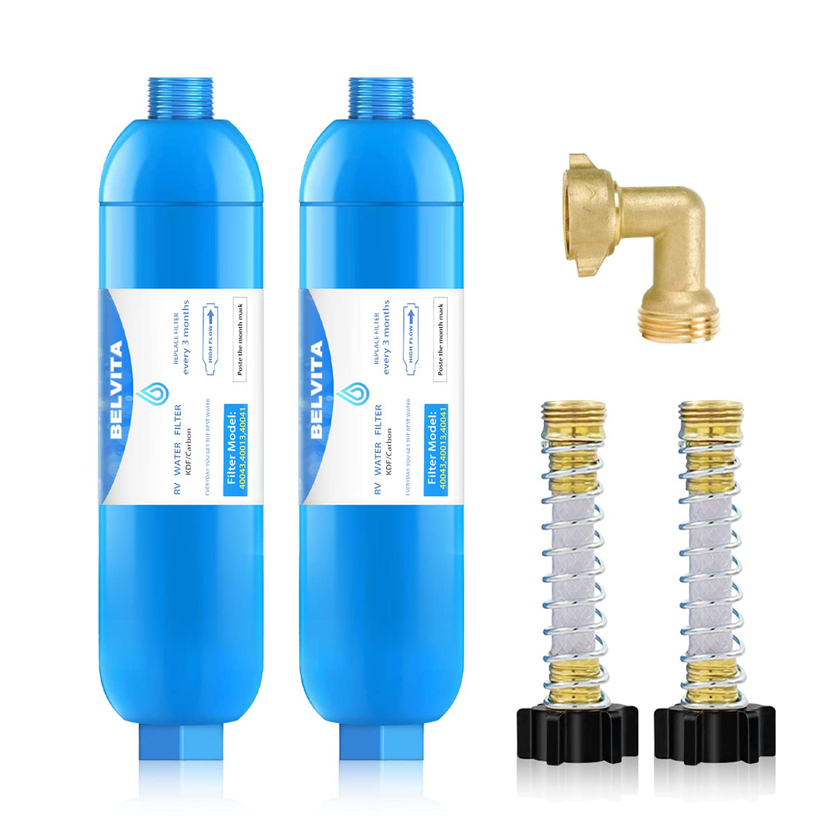 BELVITA front view of inline water filter showing compact durable housing and easy hookup benefit