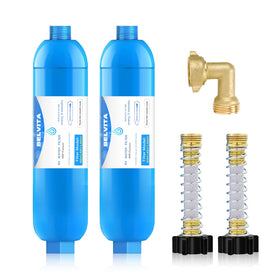 BELVITA front view of inline water filter showing compact durable housing and easy hookup benefit