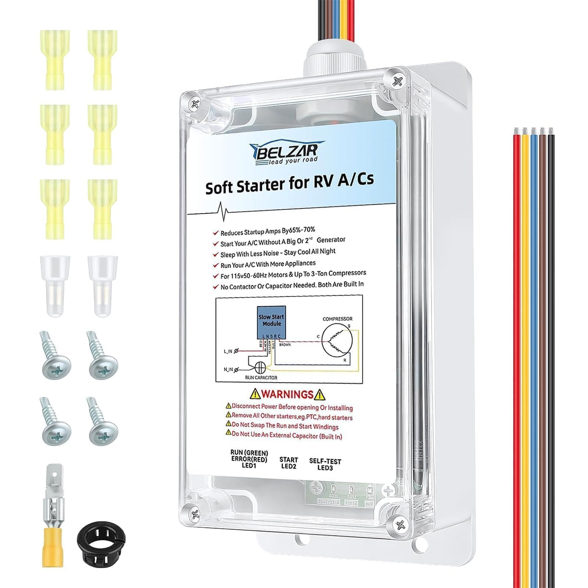BELZAR soft start front view showing compact unit and secure casing benefit reliability