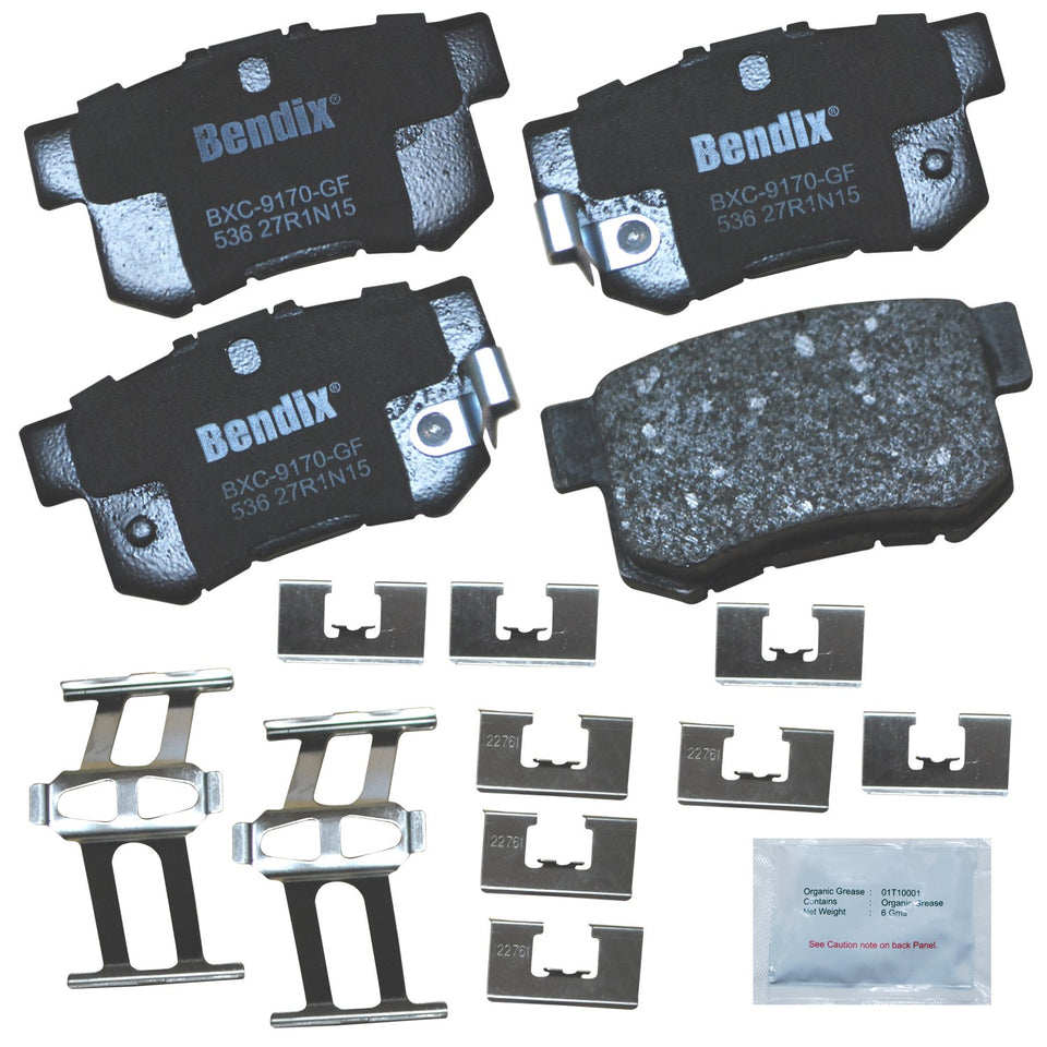 Bendix front packaging showing pad set and hardware, clear OEM-style labeling