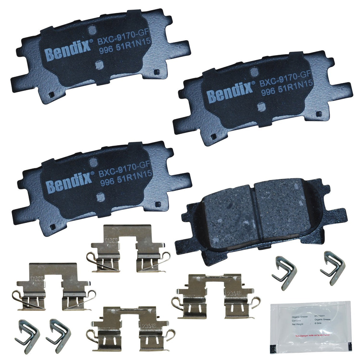 Bendix Priority1 front-facing pack showing pads and label, clear fit information