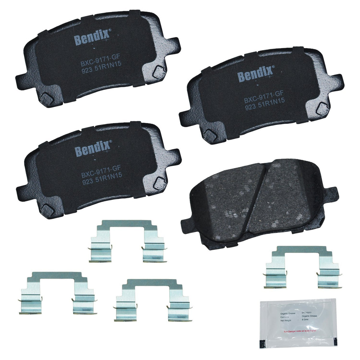 Bendix Priority1 front packaging showing complete pad set for quick identification and fit