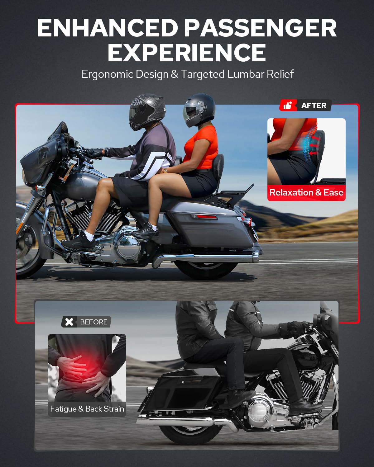 Benlari side profile of detachable sissy bar illustrating slim fit and stability benefit