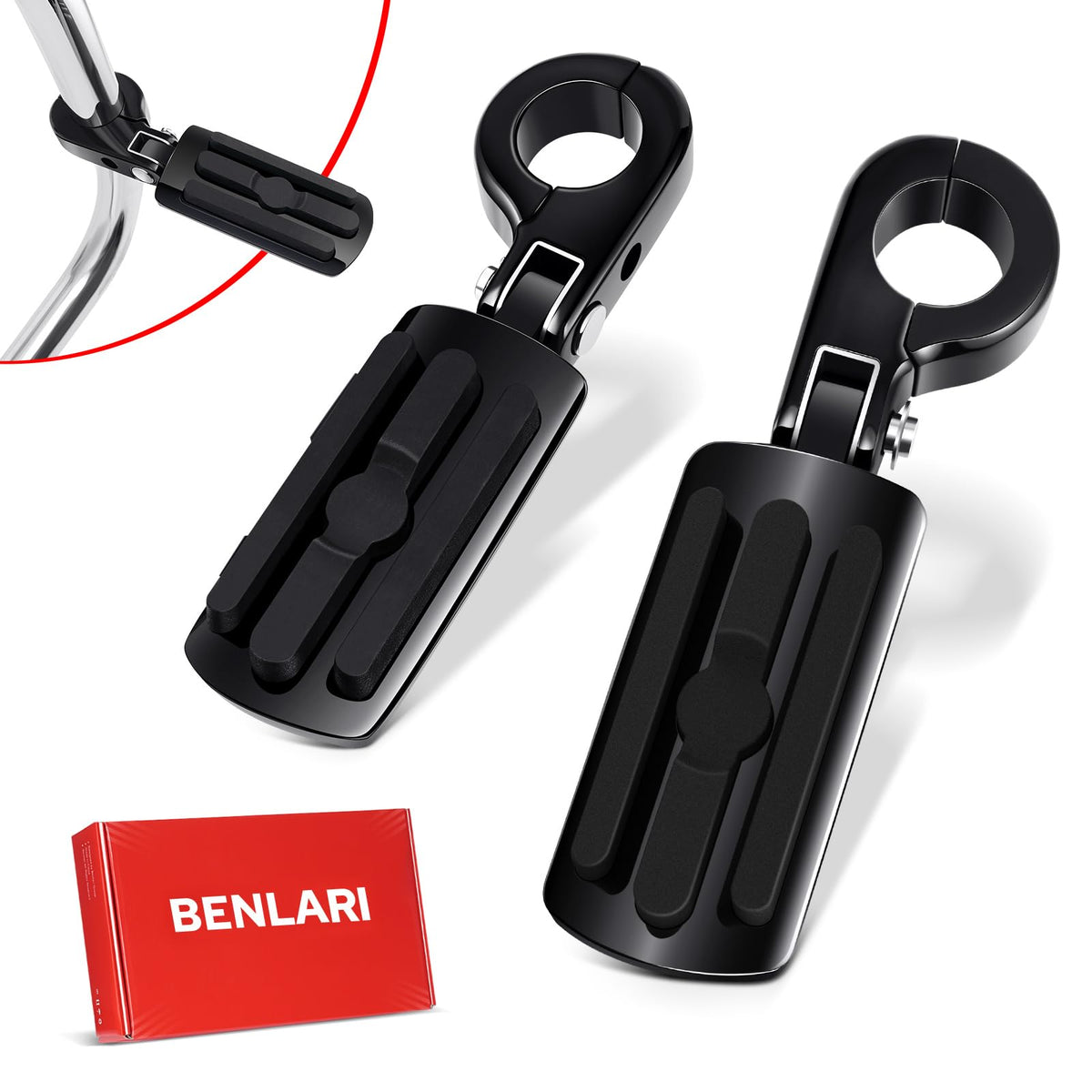Benlari highway pegs front view showing black finish and wide support for comfort
