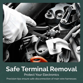 Bentolin pliers in-use inside engine bay releasing a connector, speeds repair benefit
