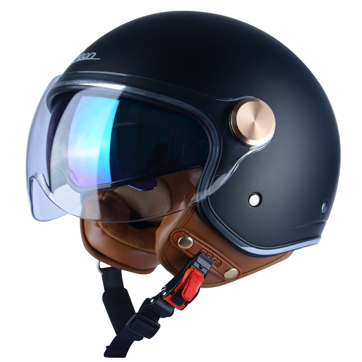 BEON front view matte black helmet showing vintage shape and certified safety