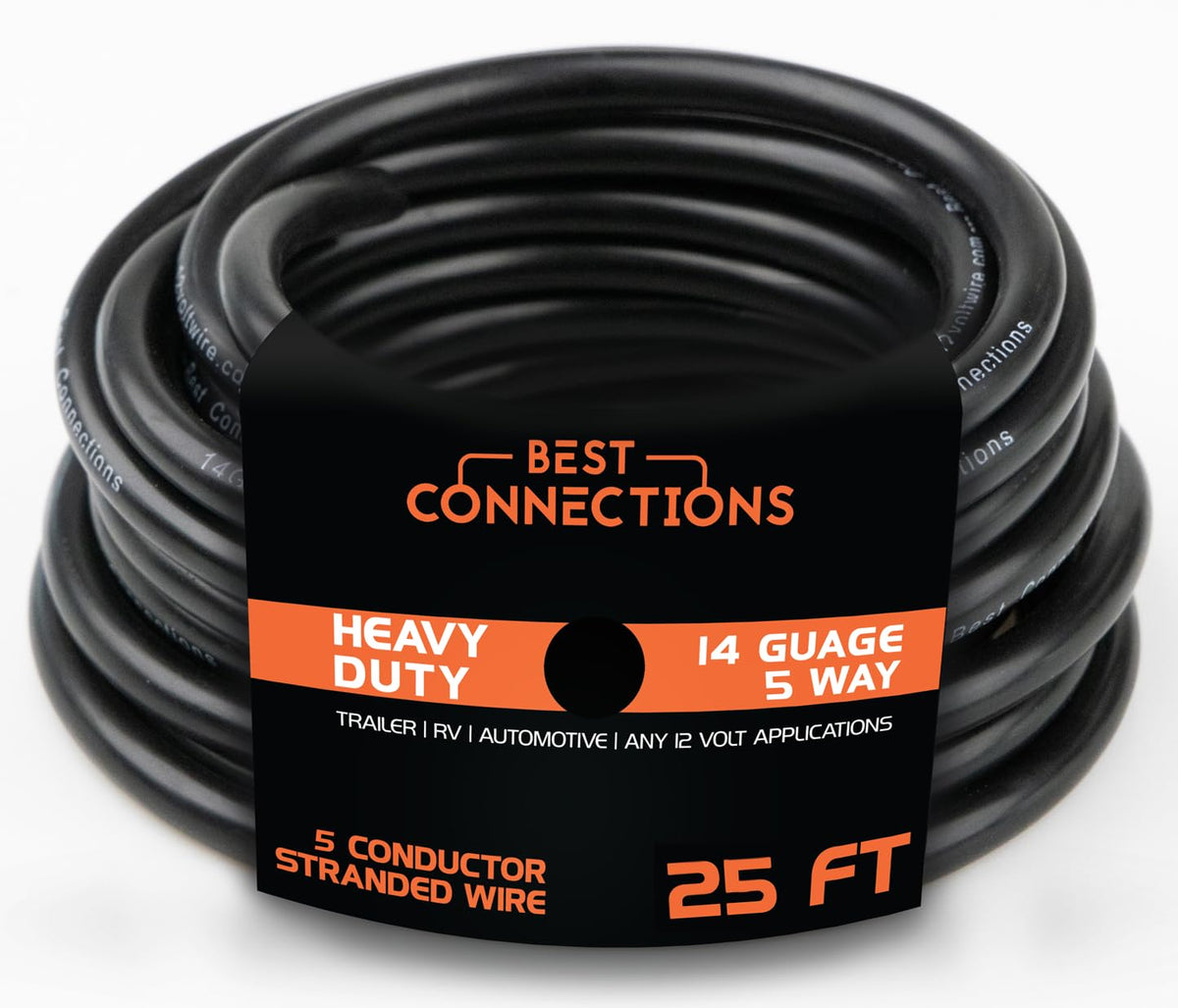 BEST CONNECTIONS front view of 5-way 25ft cable showing robust jacket and connector for durable towing
