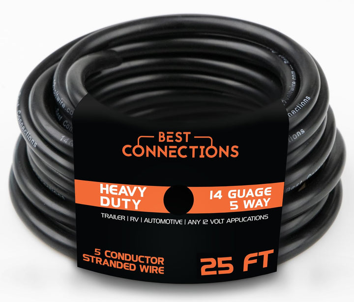 BEST CONNECTIONS front view of 5-way 25ft cable showing robust jacket and connector for durable towing