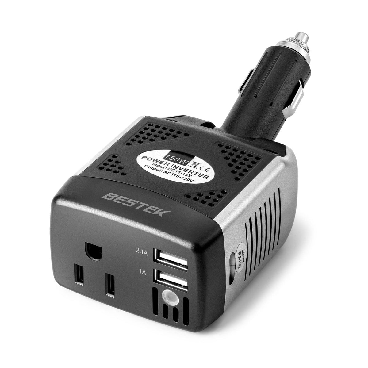 BESTEK front view of inverter showing AC outlet and USB ports for versatile charging