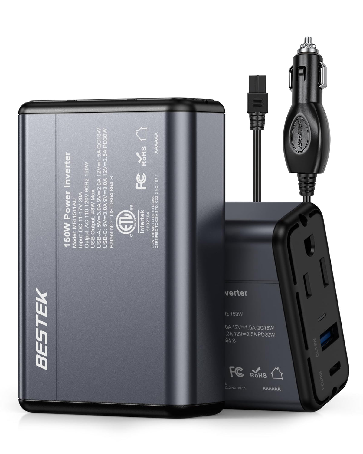 BESTEK front view showing AC outlet and dual USB ports for versatile charging