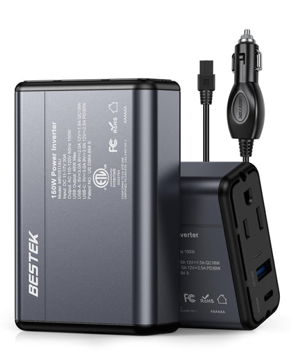 BESTEK front view showing AC outlet and dual USB ports for versatile charging