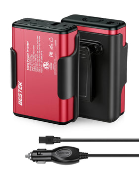BESTEK 150W front view showing AC outlet and USB ports for reliable charging