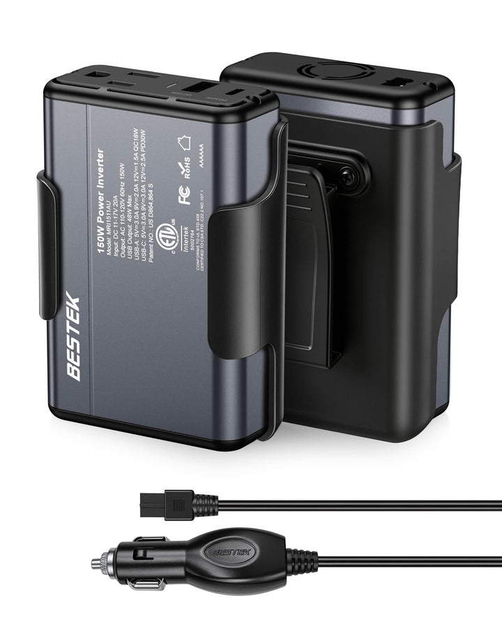 BESTEK front view showing AC outlet and USB ports for reliable charging