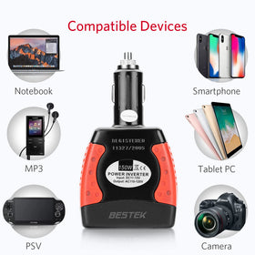BESTEK next to a smartphone for scale showing compact design that saves dash space