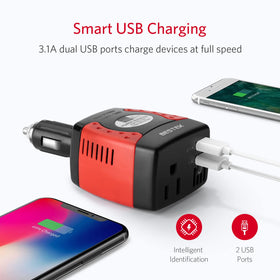 Close-up of BESTEK dual USB ports revealing fast 2.1A and 1A charging for multiple devices