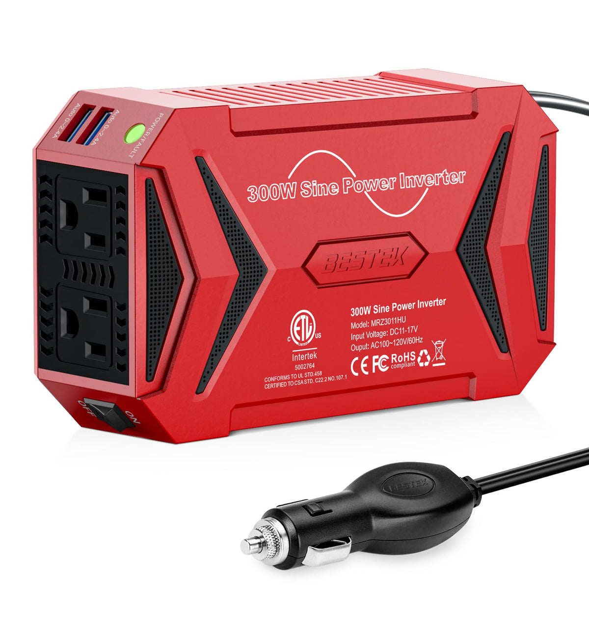 BESTEK 300W inverter front view showing outlets and LEDs for easy monitoring and reliable power