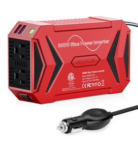 BESTEK 300W inverter front view showing outlets and LEDs for easy monitoring and reliable power