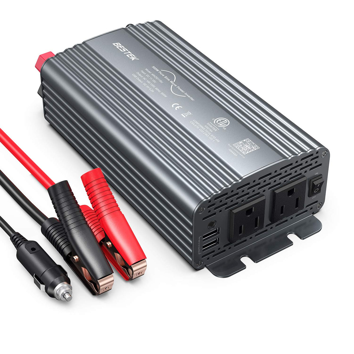 BESTEK front panel showing AC outlets and power switch for convenient access